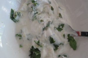 Mint leaves mixed with Greek yogurt